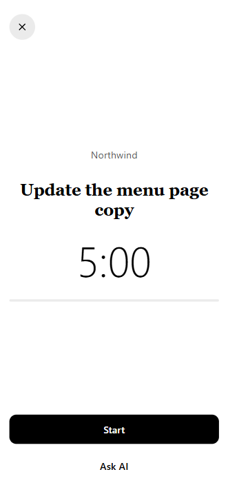 Focus screen: one task and a five-minute timer.